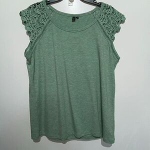 Automet Women's Green Heather Crochet Lace Cap Sleeve Rayon Blend Top XL